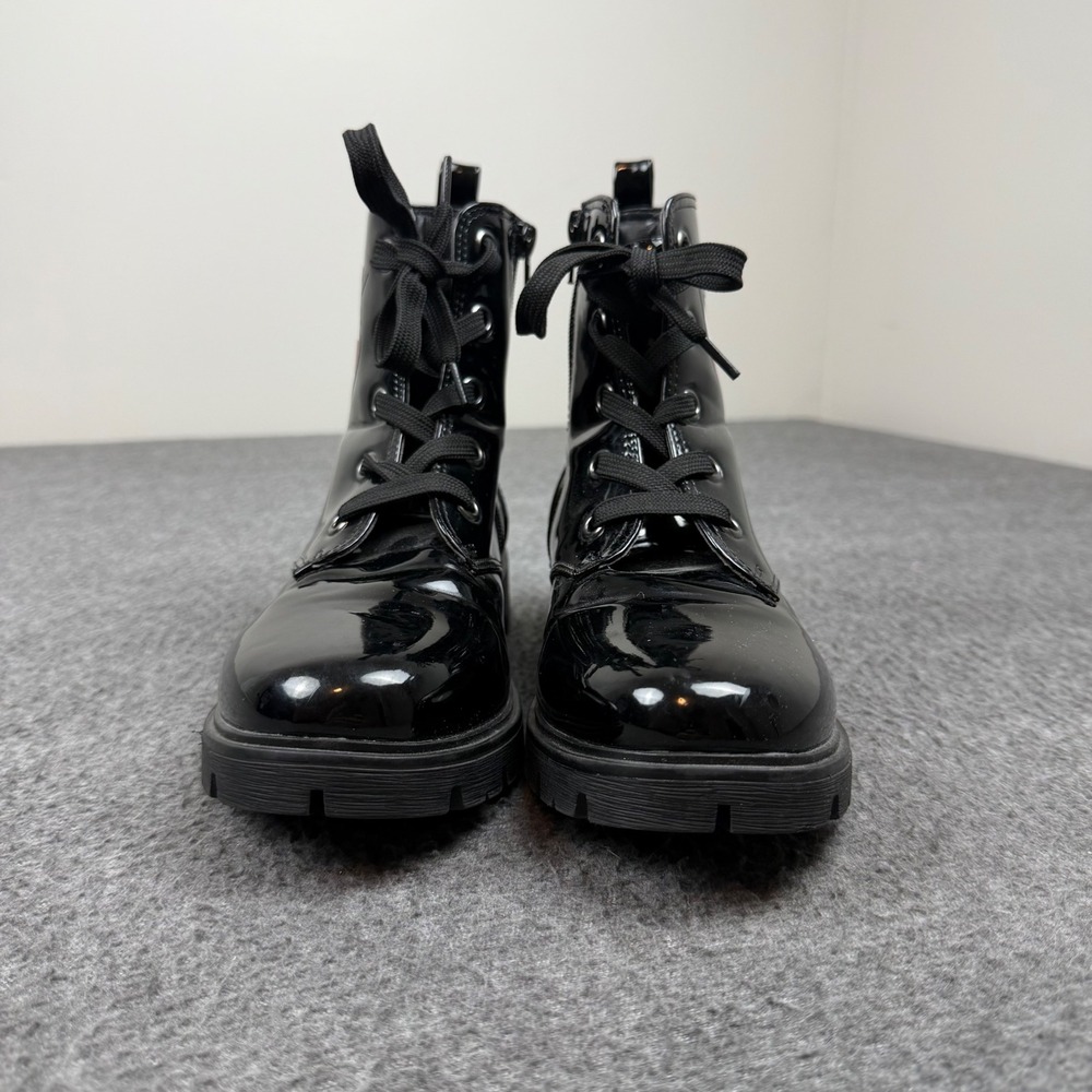DKNY Combat Boots Girls Size 5 Black Patent Heart Logo DKN008 Lace Up Zip - Picture 2 of 7